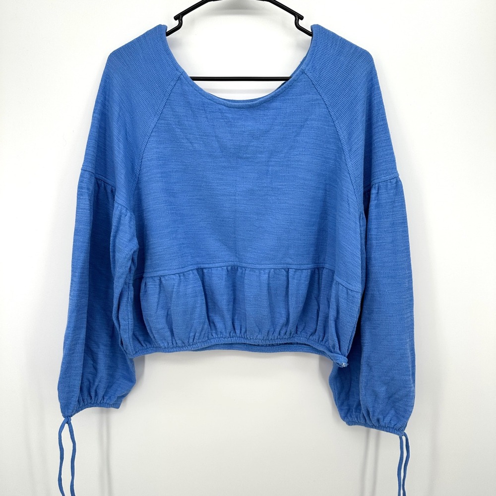 Aerie Blue Endless Summer Cropped Sweatshirt Ruffle Hem Tie Cuff Size Medium